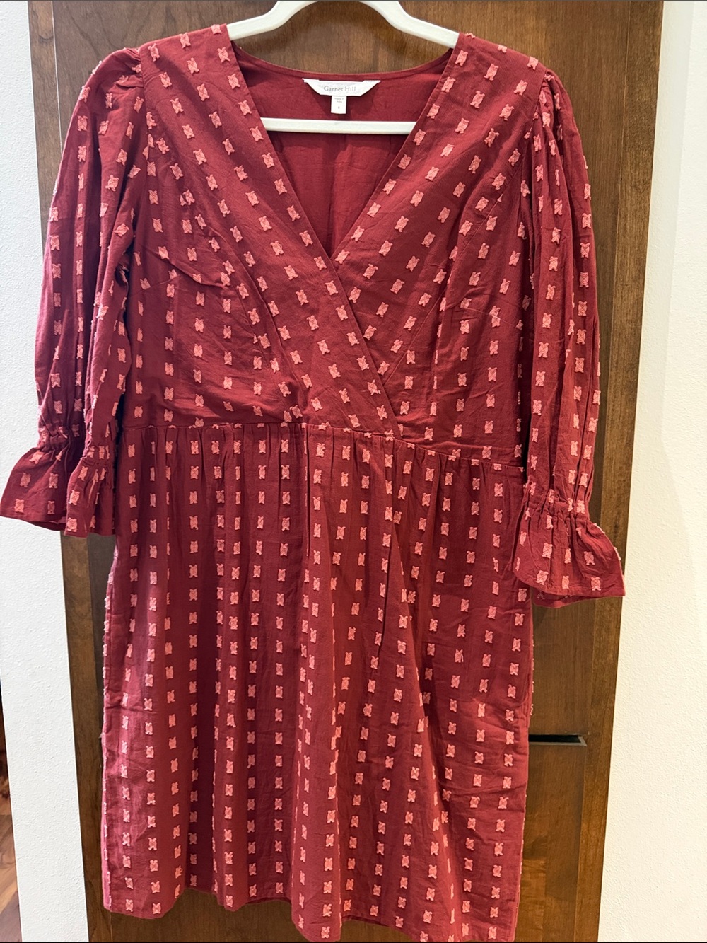 Garnet Hill Deep Red Textured Wrap Midi Dress with Ruffle Cuffs